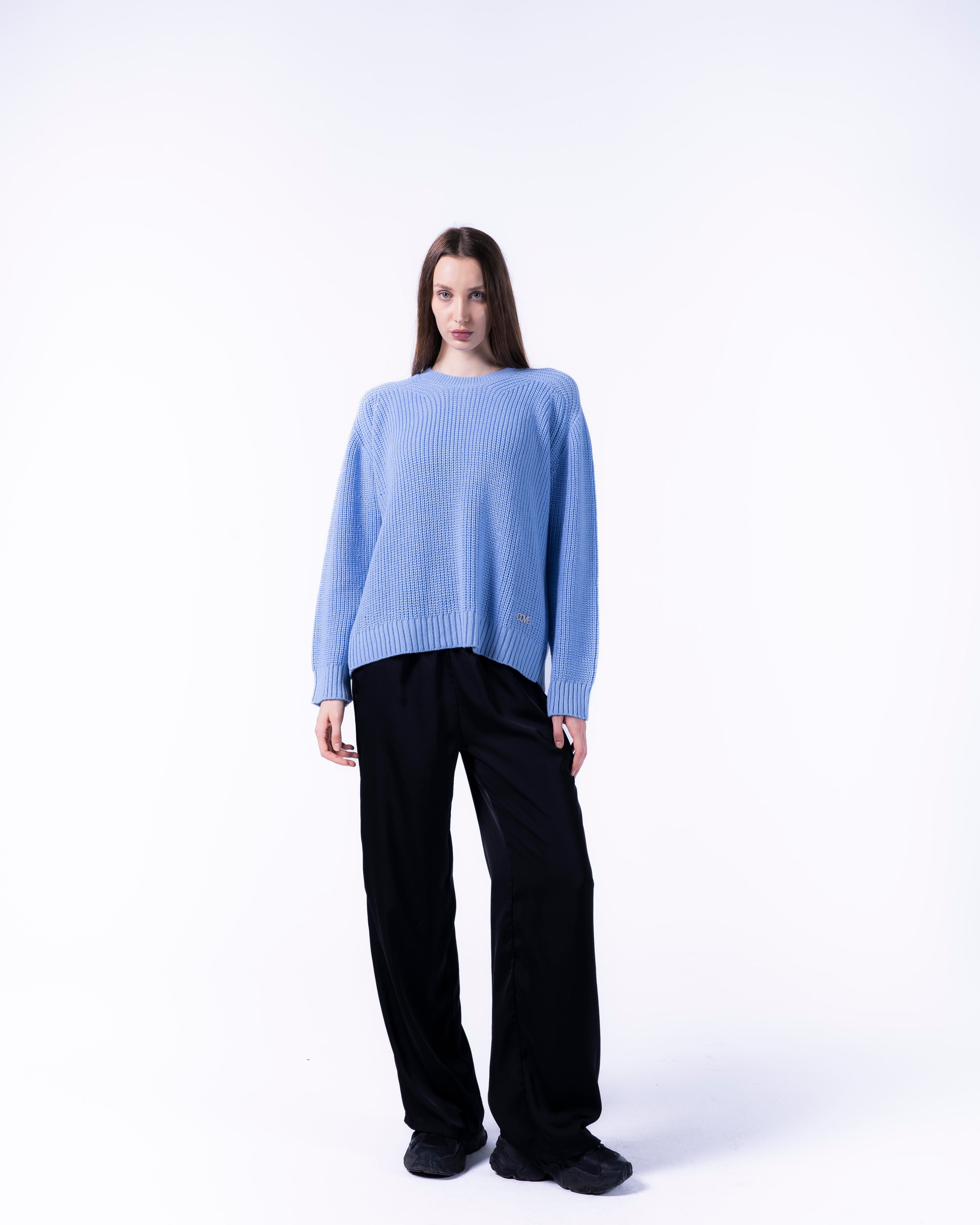 WOMEN BOXY BABY BLUE KNITTED CREW NECK