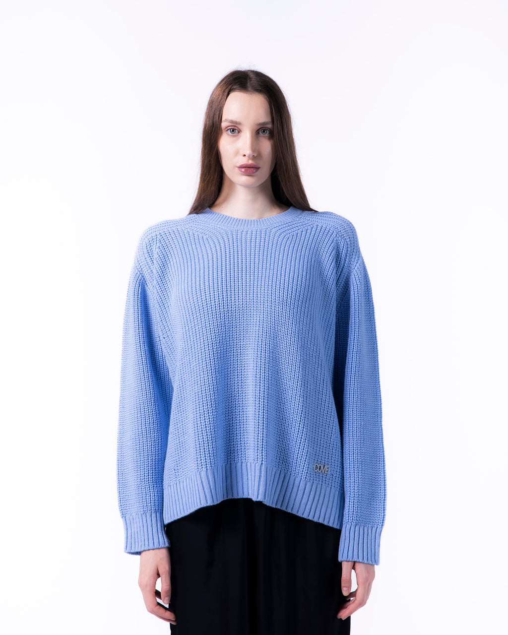 WOMEN BOXY BABY BLUE KNITTED CREW NECK