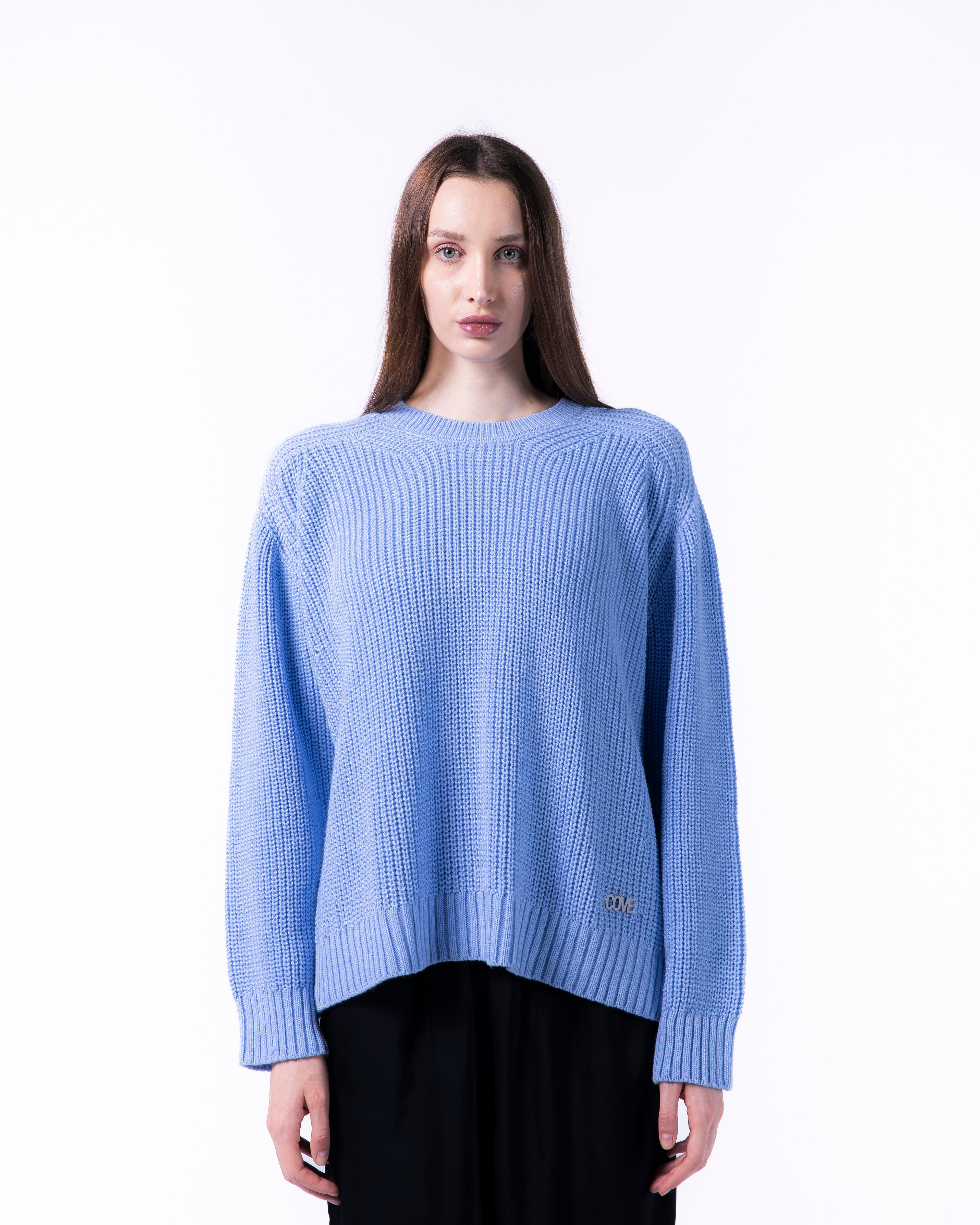 WOMEN BOXY BABY BLUE KNITTED CREW NECK