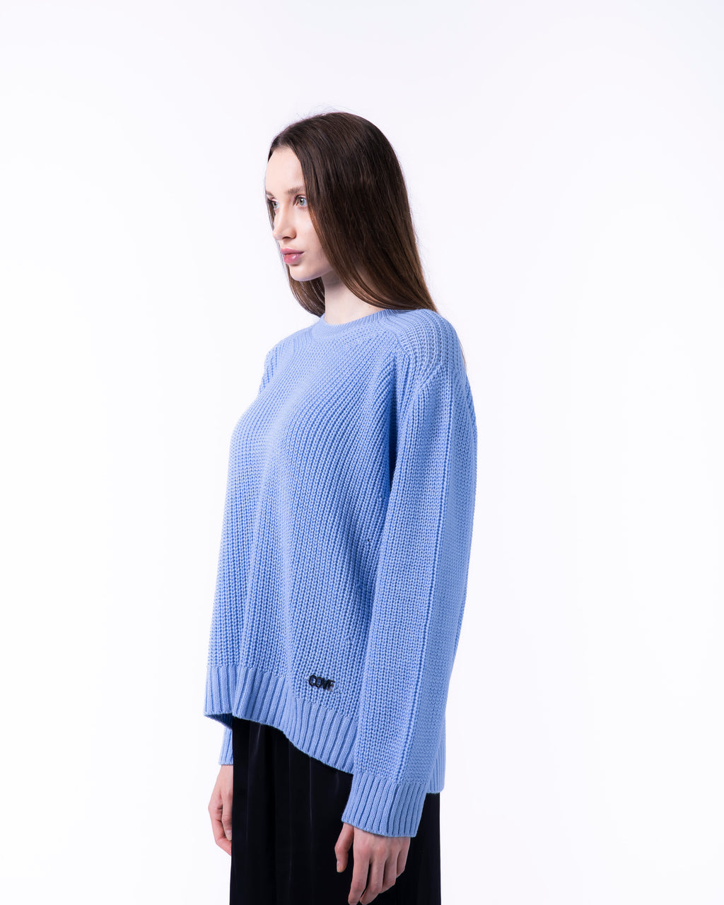 WOMEN BOXY BABY BLUE KNITTED CREW NECK