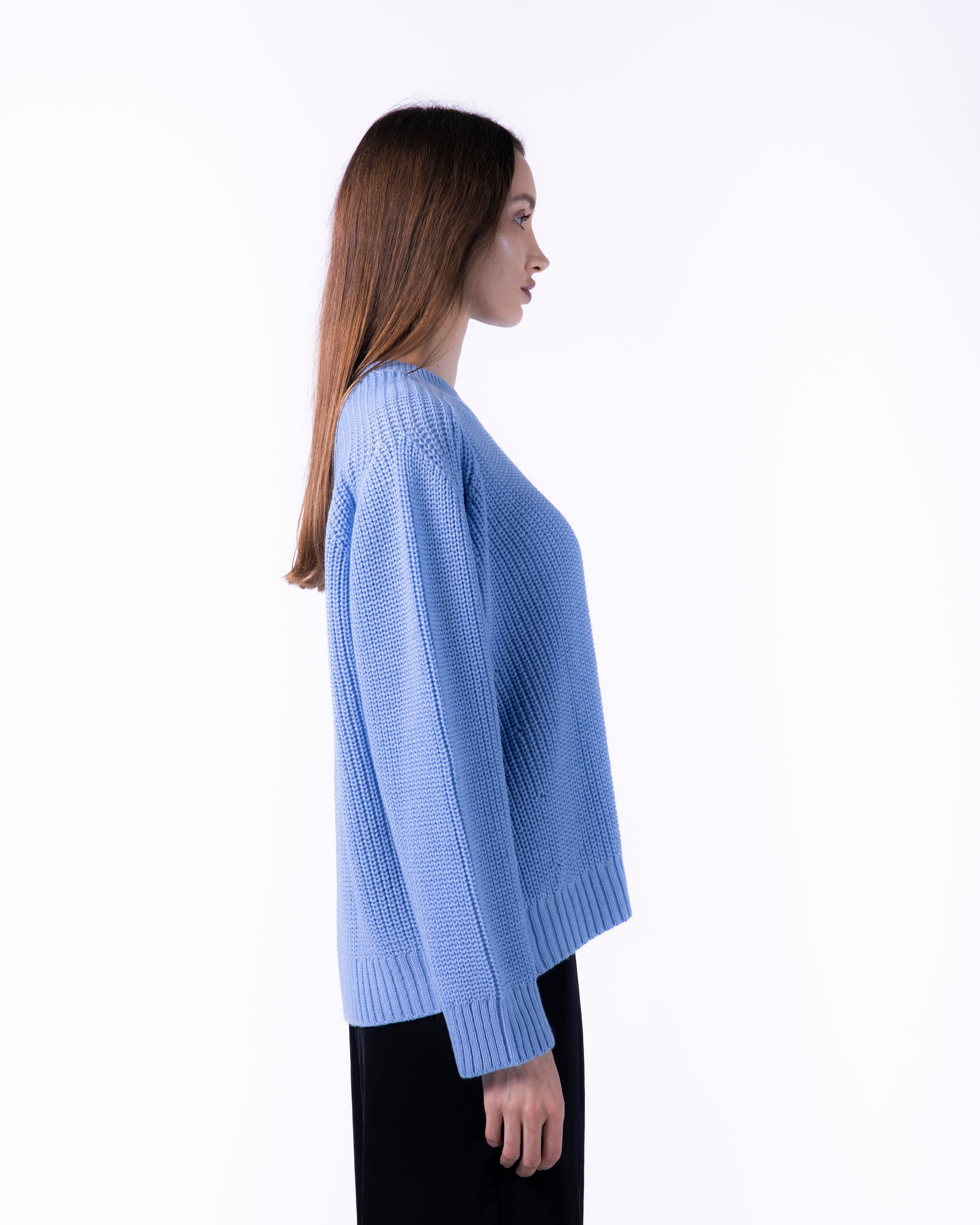 WOMEN BOXY BABY BLUE KNITTED CREW NECK