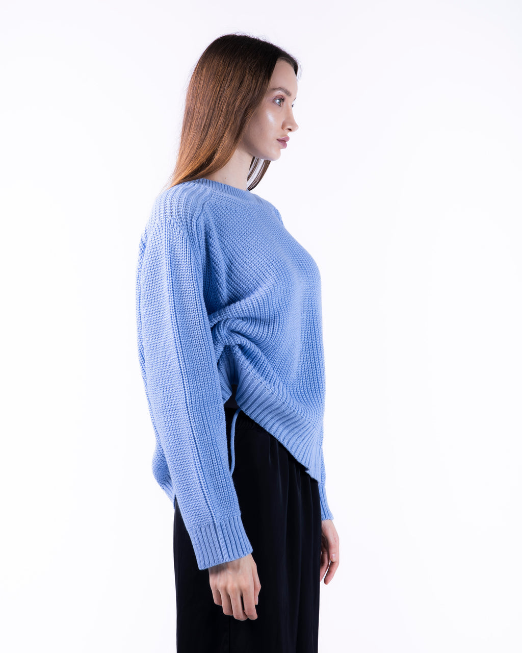 WOMEN BOXY BABY BLUE KNITTED CREW NECK