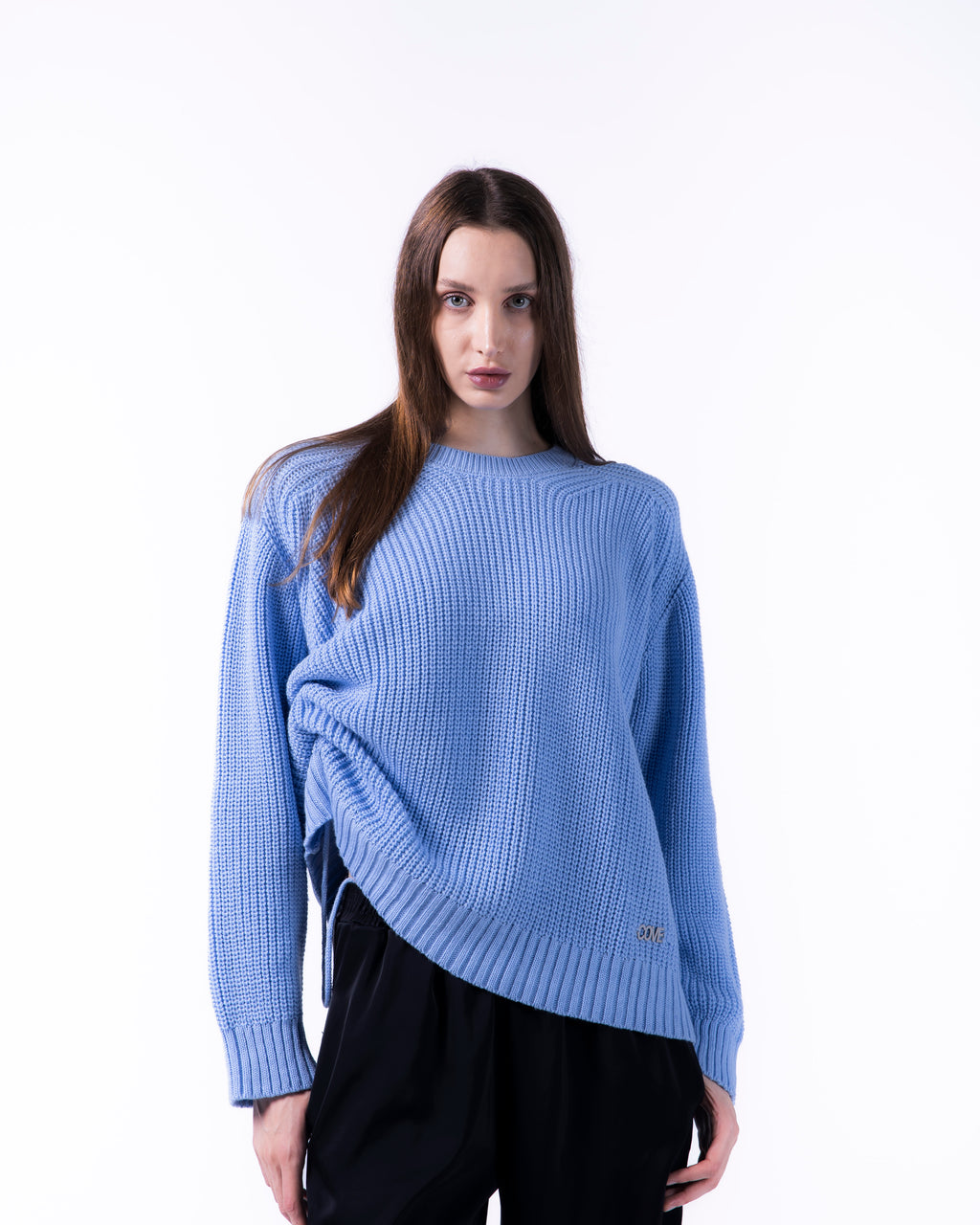 WOMEN BOXY BABY BLUE KNITTED CREW NECK