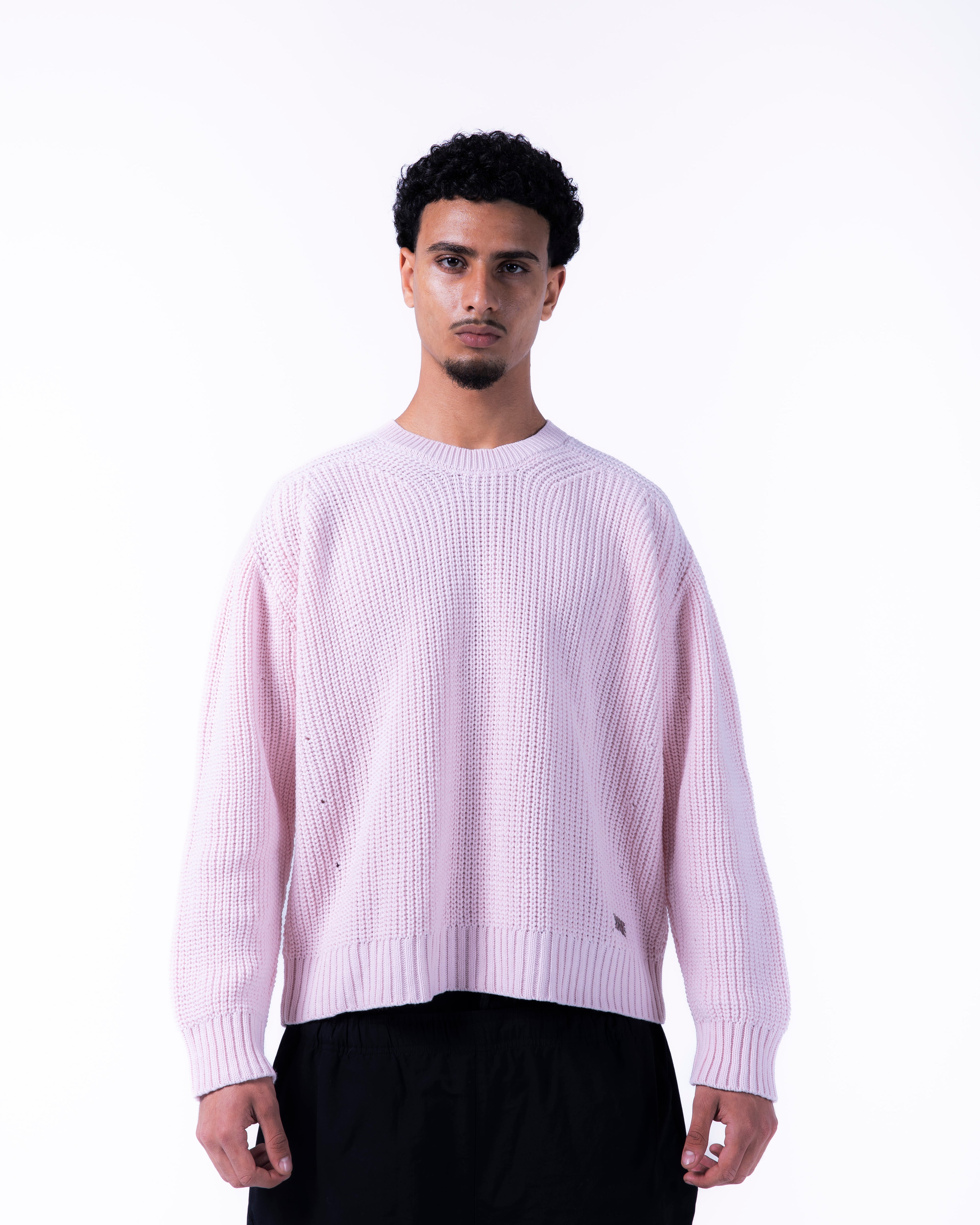 MEN BOXY PINK KNITTED CREW NECK