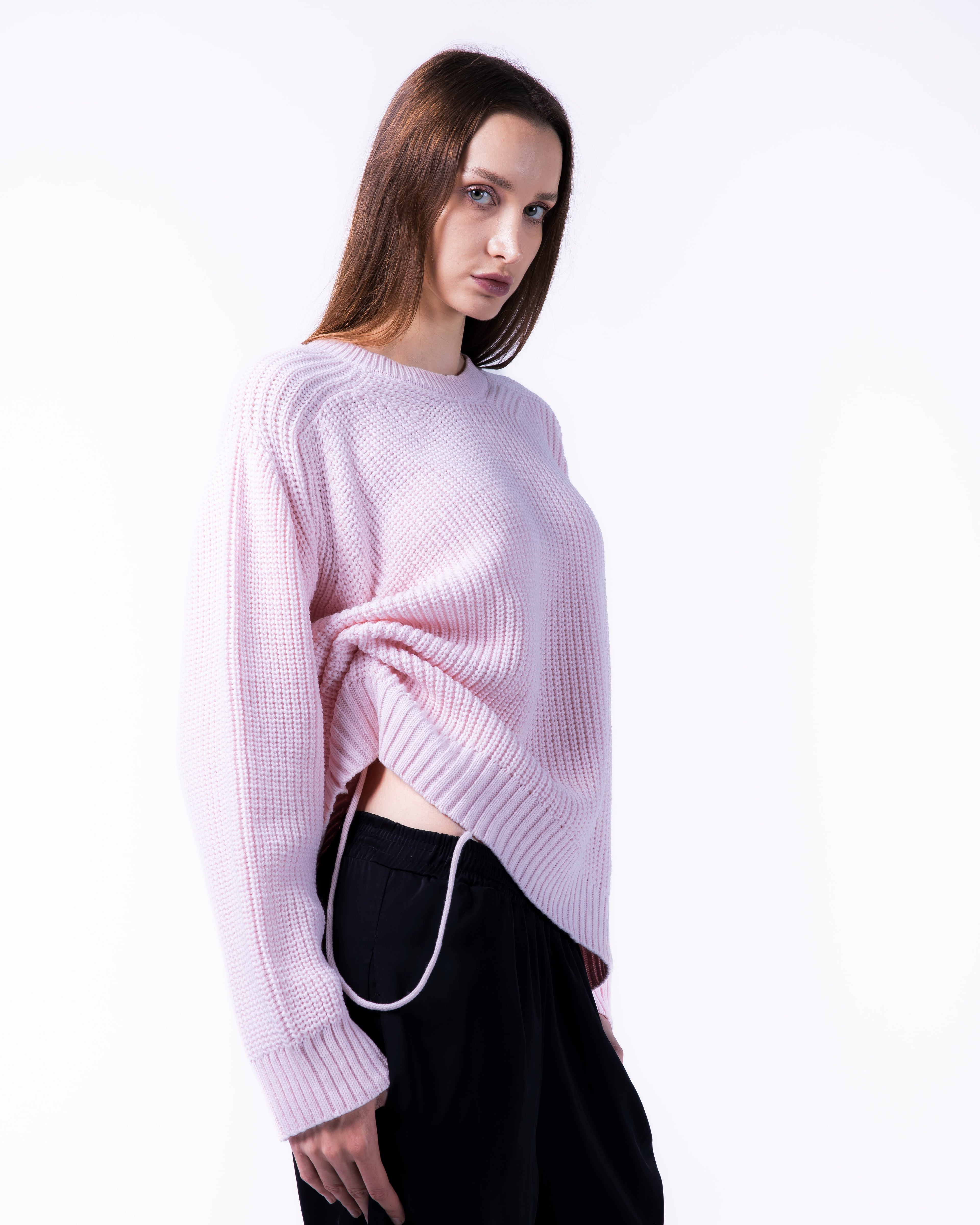 WOMEN BOXY PINK KNITTED CREW NECK
