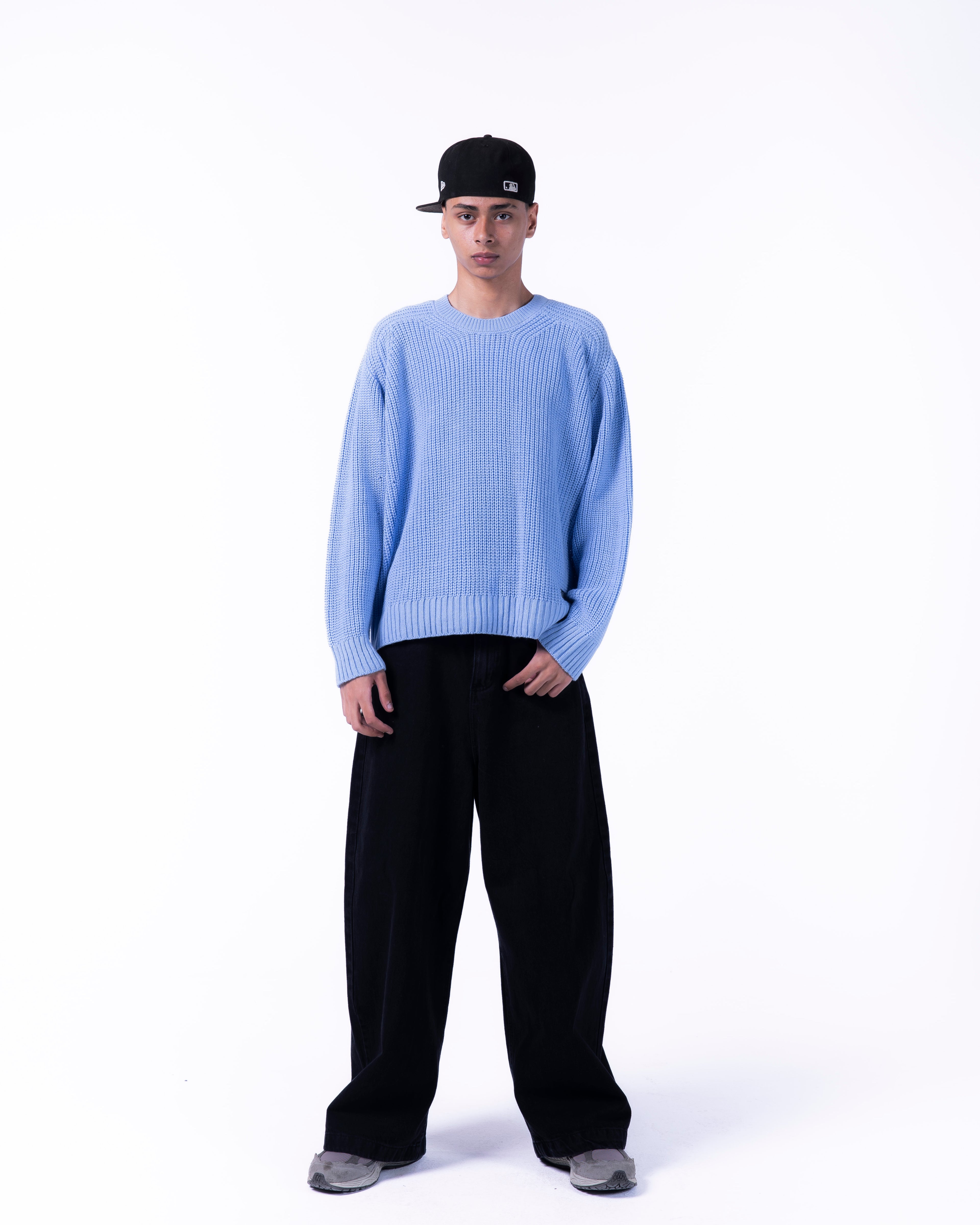 MEN BOXY BABY BLUE KNITTED CREW NECK