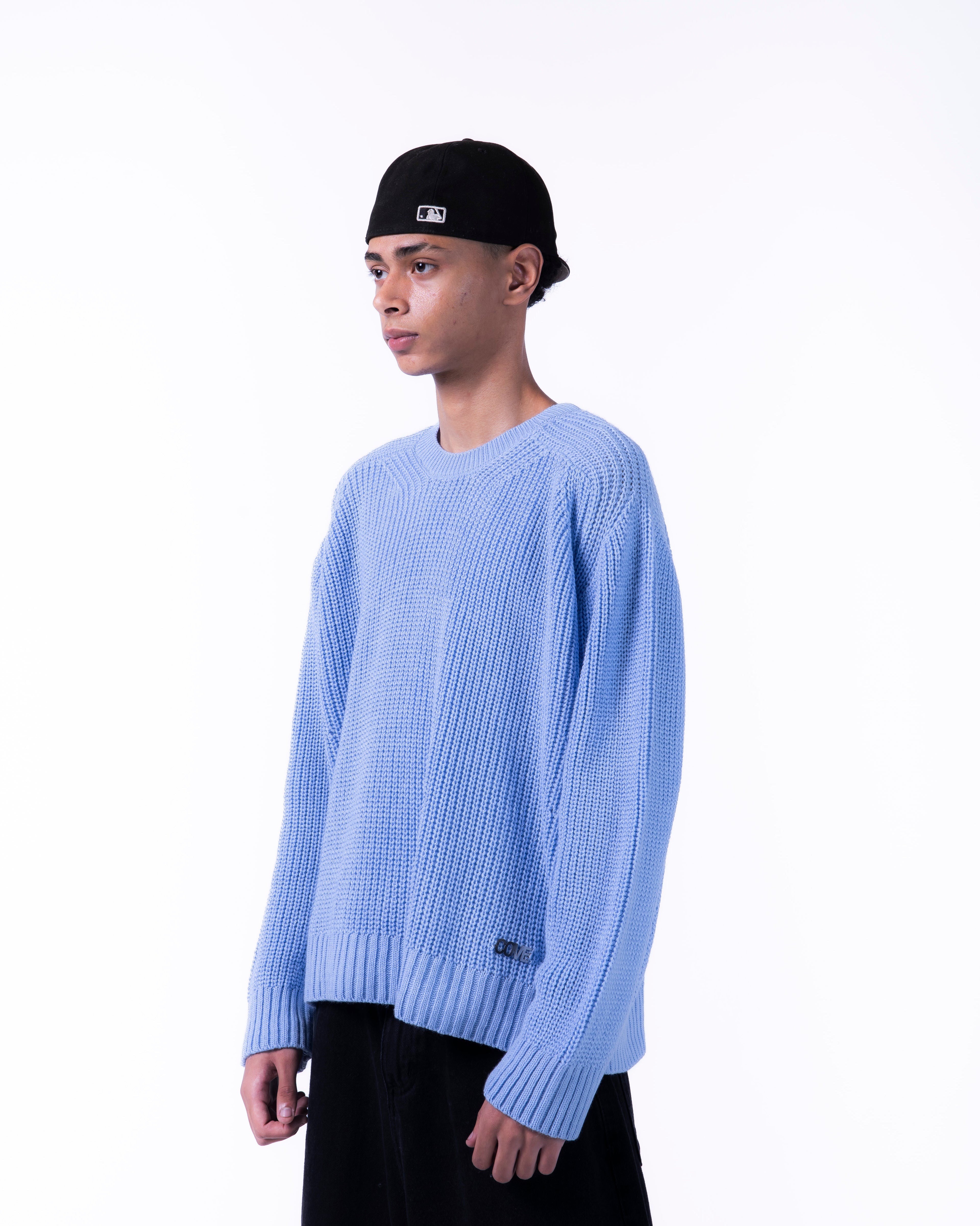 MEN BOXY BABY BLUE KNITTED CREW NECK
